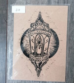 A5 Lino Print - Lantern (On Kraft Paper)