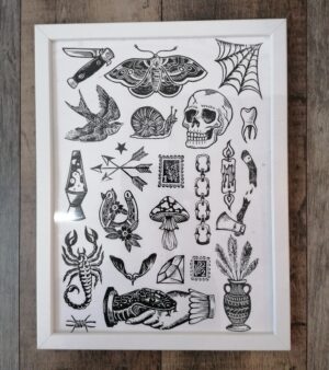 Framed Original A3 Lino Print - Tattoo Flash (Black & White)