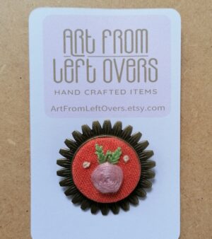 Vintage Style Hand Embroidered Brooch - Single Rose Design (Round Metal Antique Brass Style)