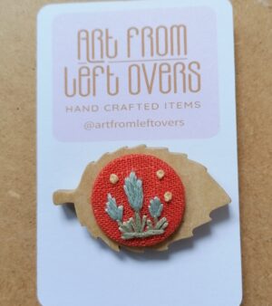 Wooden Leaf Embroidered Brooch - Pastel Blue And Green