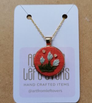 Handmade Embroidery Floral Necklace With Round Metal Golden Pendant