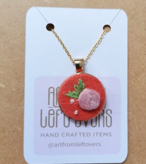 Handmade Embroidery Single Rose Necklace With Round Metal Golden Pendant