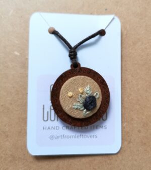 Hand Embroidered Floral Necklace - Wooden Pendant with Adjustable Cord