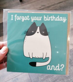 Square Greeting Card - I Forgot Your Birthday. And? (Black And White Cat on Teal Background)