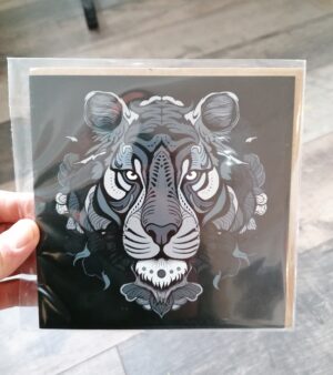 Square Greeting Card - Tiger (Grey & Black Leafy Design)