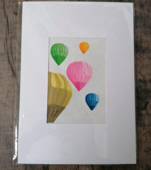 A4 Mounted Lino Print -  Colourful Hot Air Balloons (White Background)