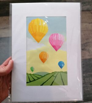 A4 Mounted Lino Print -  Colourful Hot Air Balloons w/Green Fields