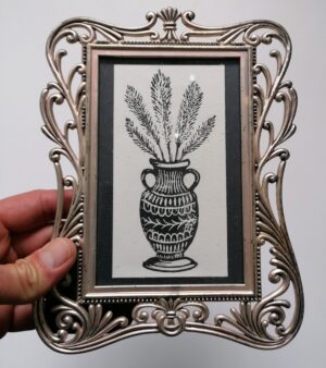 Framed Original Lino Print - Pampas Vase (Metal Frame 20cm x 15.5cm)
