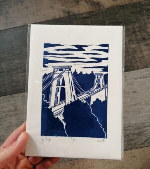 Original A5 Lino Print - "Big Bridge" Clifton Suspension Bridge (Navy Blue)