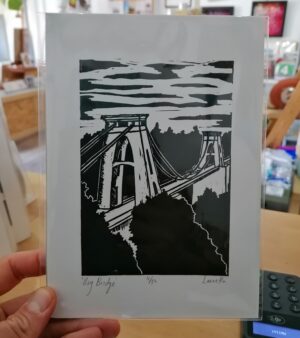 Original A5 Lino Print - "Big Bridge" Clifton Suspension Bridge (Black)