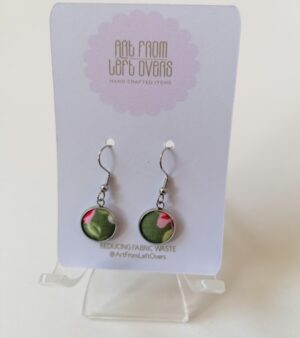 Earrings Made With Recycled Fabric - (Pink & Red Flowers with Light Green Background#2)