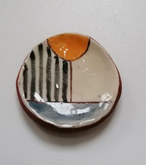 Round Dish - Handmade Pottery Yellow Semicircle w/Abstract Design