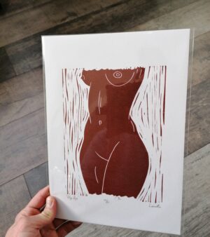Original Limited edition A4 Lino Print - "Hip Dips" (Brown Ink)