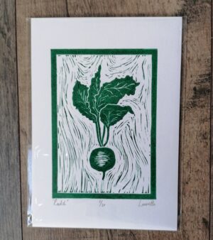 Original A5 Lino Print - "Radish" (Green Ink)