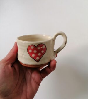 Handmade Pottery - Red Spotty Heart Mug (8cm Dieameter)