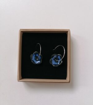 Original Handmade Silver Plated Porcelain Earrings - Flower Shape Black And Blue Colour