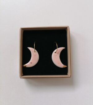 Original Handmade Gold Plated Porcelain Earrings - Moon Design With Pink And Gold