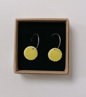 Original Handmade Silver Plated Porcelain Earrings - Round Shape with Light Yellow with Bumpy Texture
