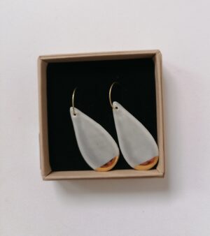 Original Handmade Gold Plated Porcelain Earrings - Large Teardrop Shape Light Grey