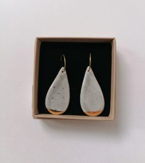Original Handmade Gold Plated Porcelain Earrings - Large Teardrop Shape Light Grey With Dots