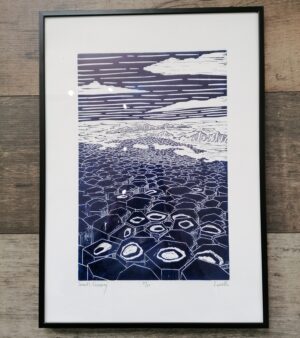 Framed A3 Lino Print - "Giant's Causeway" Navy Blue Ink (31cm x 43cm Frame)