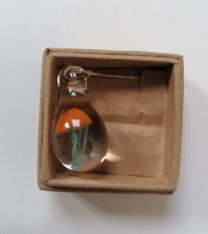 Handmade Glass Necklace with Sterling Silver Chain - Colourful Jellyfish In Glass Pendant (Orange And Green)