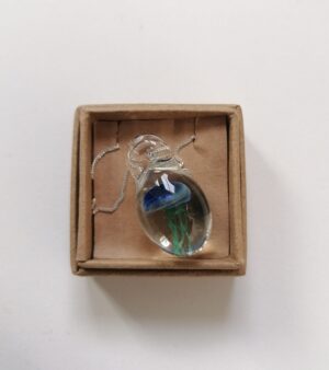 Handmade Glass Necklace with Sterling Silver Chain - Colourful Jellyfish In Glass Pendant (Blue And Green)