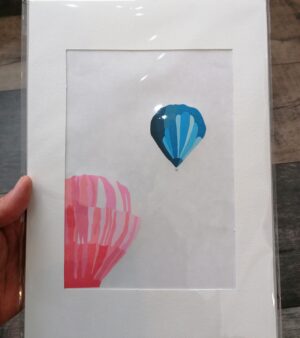 A4 Mounted Lino Print - Glittery Blue and Pink Hot Air Balloons