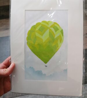 A4 Mounted Lino Print - Single Green Hot Air Balloon