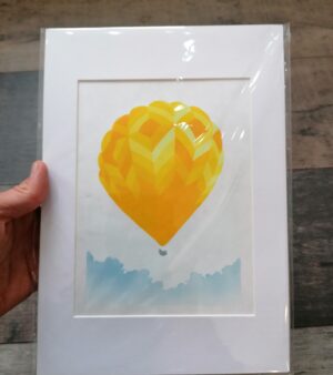 A4 Mounted Lino Print - Single Yellow And Hot Air Balloon