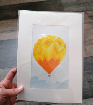 A4 Mounted Lino Print - Single Yellow And Orange Hot Air Balloon