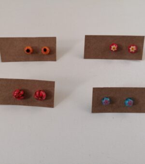 Mini Round Glass Stud Earrings - Flower Pattern