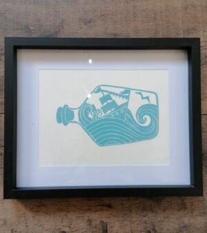 Framed and Mounted Lino Print - Ship in Bottle (Black Frame 17cm x 22cm)