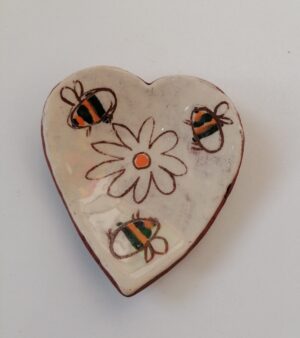 Handmade Pottery - Heart Shaped Dish - Bees and Flower