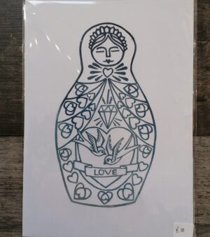 A4 Lino Print - Russian Doll - Blue/Grey colour