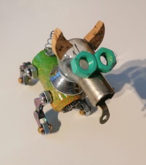 ORIGINAL 3D RECYCLED ART – Robot Dog (Green Spray Painted Body Turquoise Eyes)