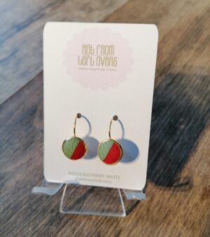 Handmade Fabric Leverback Hoop Earrings - (Light Green And Red)