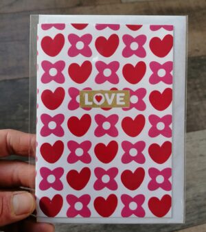 Original A6 Greeting Card - "Love" with Pink Flowers And Red hearts ABB133