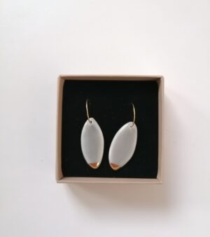 Original Handmade Gold Plated Porcelain Earrings - Oval Shape Light Grey With Gold Tip