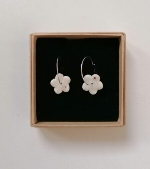 Original Handmade Silver Plated Porcelain Earrings - Flower Shape White With Brown Spots