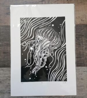 Original Limited Edition A3 Lino Print - Jellyfish "Jellie" (Black)
