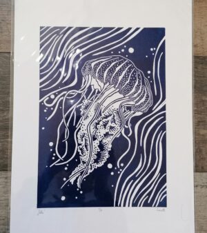 Original Limited Edition A3 Lino Print - Jellyfish "Jellie" (Navy Blue)