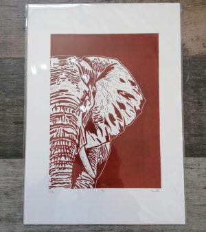 Original Limited Edition A3 Lino Print - "Ellie" Elephant (Brown Ink)