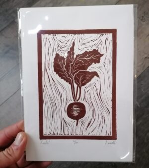 Original Limited Edition A5 Lino Print - "Radish" (Brown Ink)