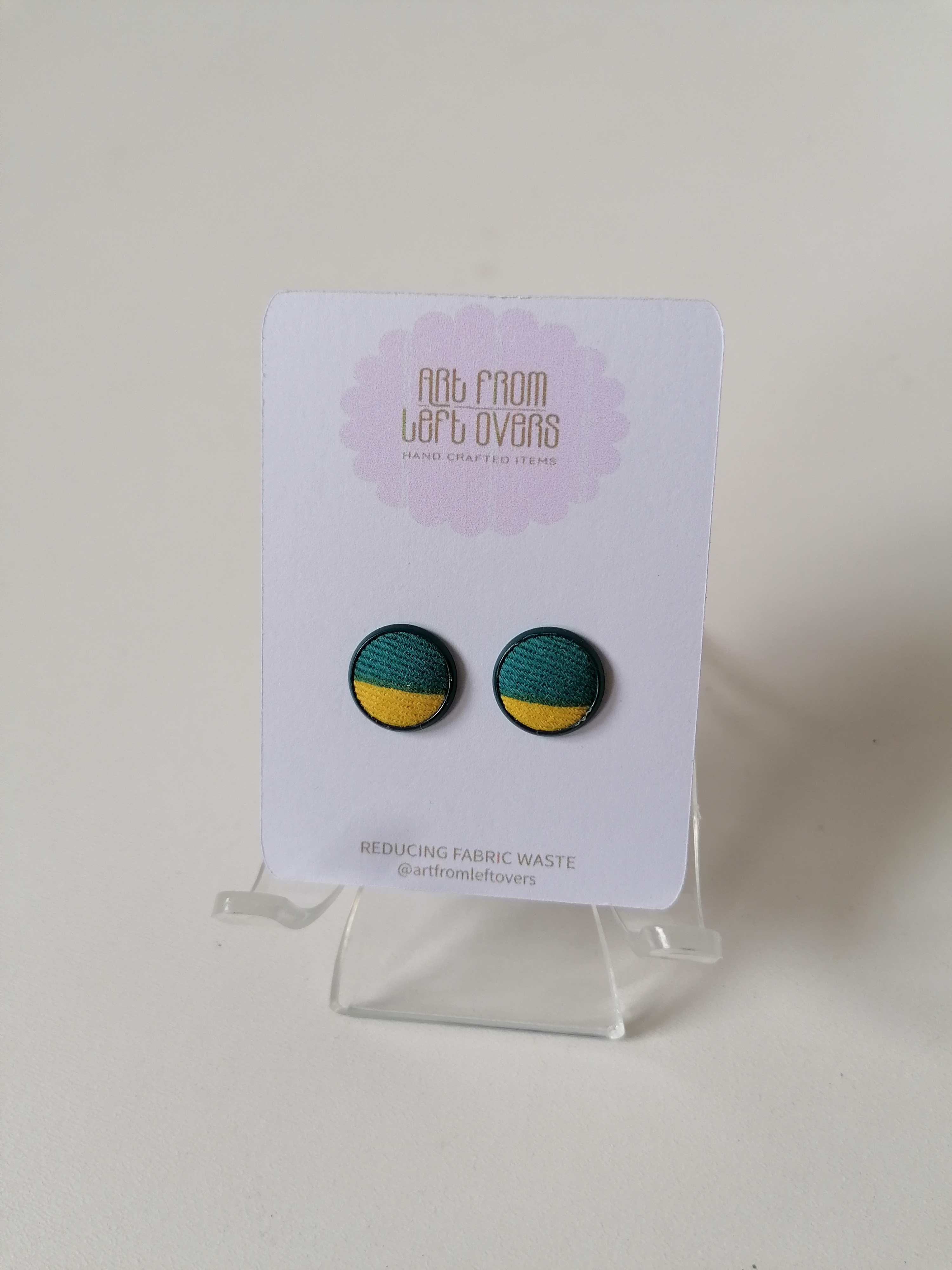 Handmade Fabric Stud Earrings - (Teal and Yellow with Green Frame)
