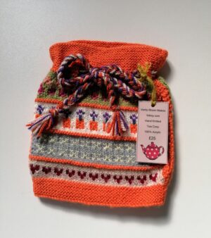 Hand Knitted 100% Acrylic Wool Tea Cosy (Orange, Grey And Purple Colours)