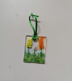 Hanging Glass Decoration - Floral w/Bee (White, Orange and Yellow Flowers with Green Ribbon)