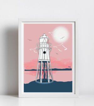 Original Unframed A3 Print - Black Nore Lighthouse (Pink Sky)