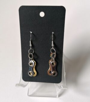 Bike Chain Earrings with Sterling Silver Hooks - (Iridescent Ring w/2 Bike Chain Links)