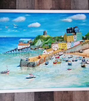 Framed Original Acrylic Painting on Canvas - Tenby Harbour, Wales (Frame Dimensions L 105.6cm x 80cm)